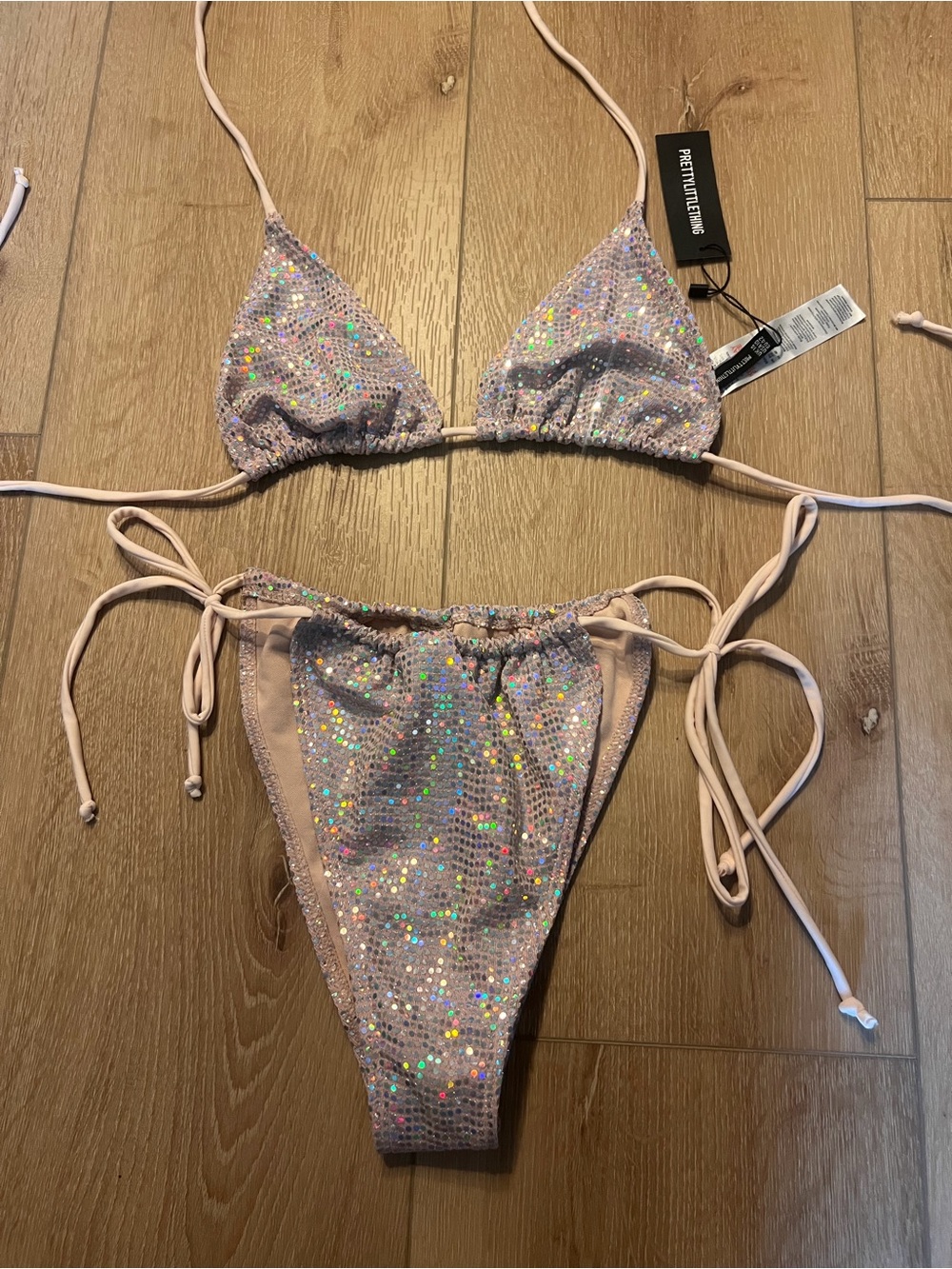 PrettyLittleThing Pink Holographic Sequin Tie-Side Bikini